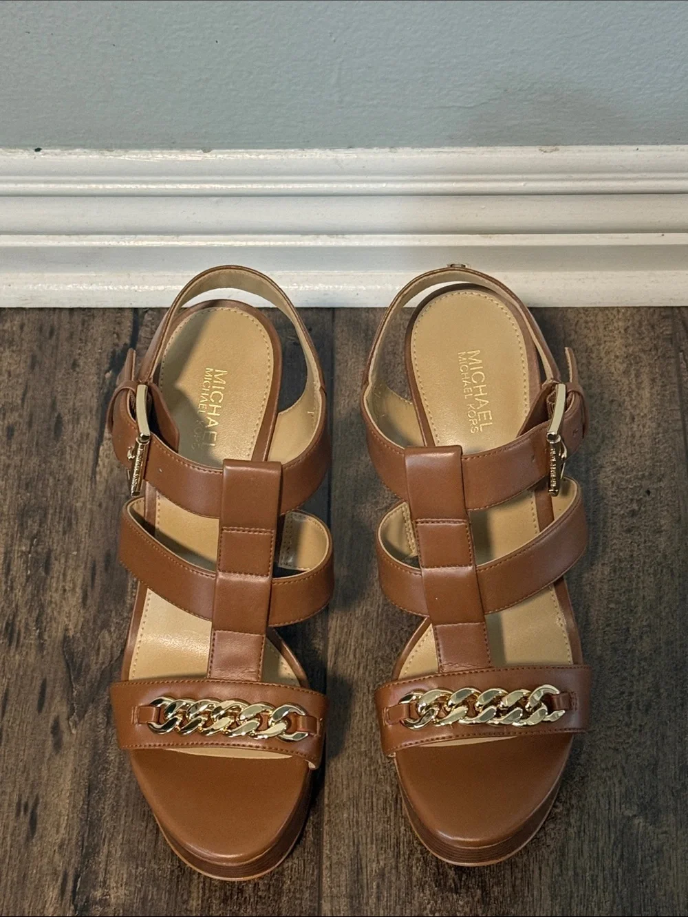 Michael Kors Brown Platform Block Heel Sandals with Gold Chain